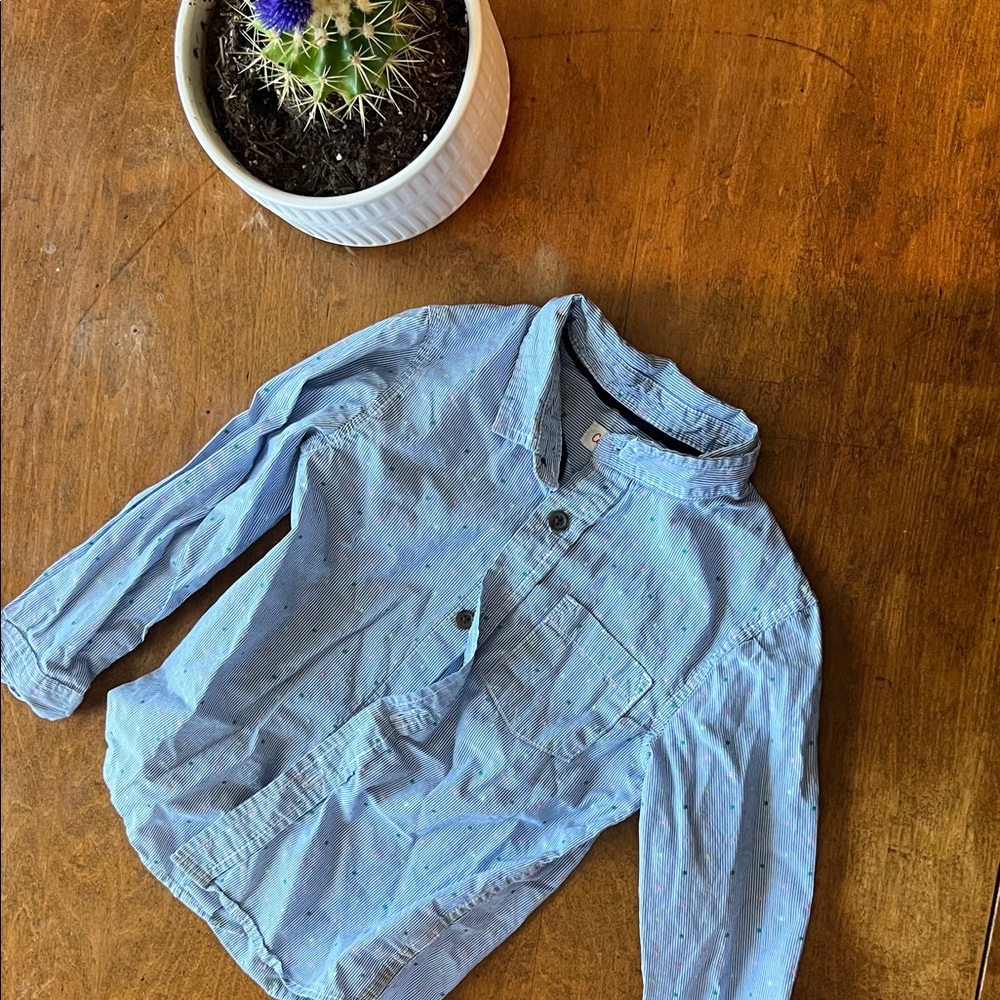 Cat & Jack Boys 4T Blue Pinstripe Button Down Multicolor Dot Print Dress Shirt